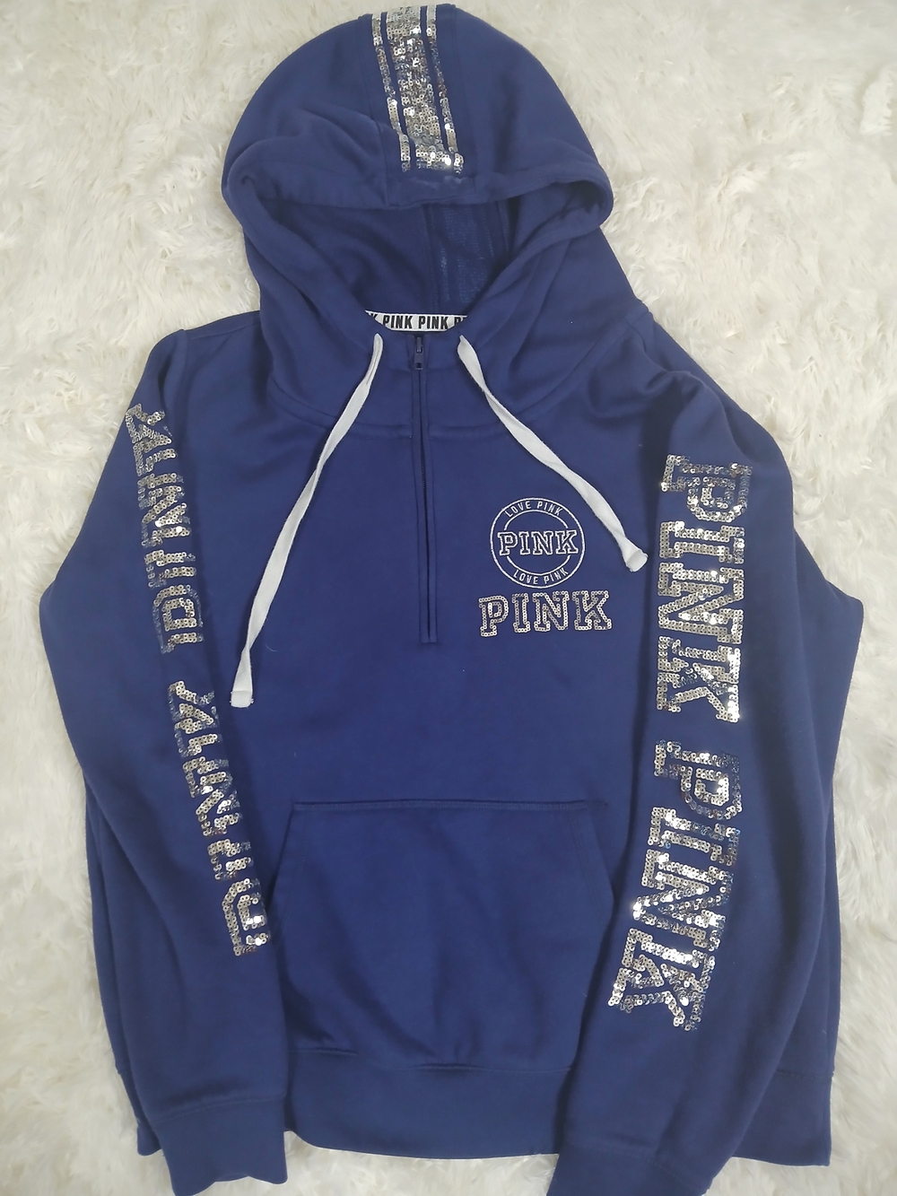 PINK Victoria's Secret Royal Blue Sequin Logo Hoodie - Picture 2 of 4